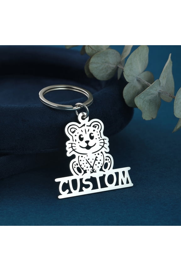 Custom Engraved Name Keychain Stainless Steel Personalized Cute Cat Animal Keyring Gift Customized Nameplate Key Chain