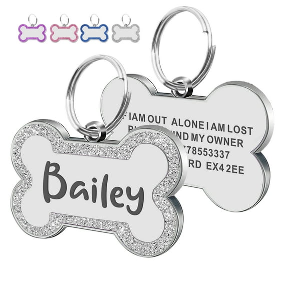 Custom Engraved Pet ID Tags, Personalized Dog Tags and Cat Tags, Bone Shape Glitter Pet Name Tags, Multi-Color Double Sided Engraved