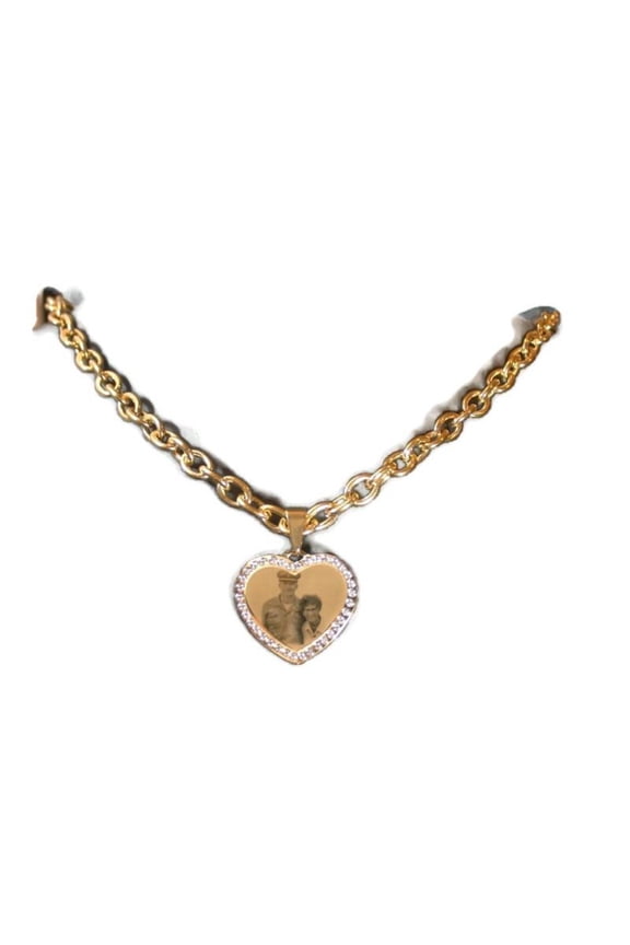 Custom Engraved Photo Pendant CZ Bling Gold IPG Stainless Steel Heart With Oval Link Chain Bracelet