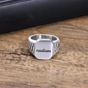 Custom Engraving Square Signet Rings for Men & Women - 14K White Gold Over Sterling Silver Personalized Jewelry