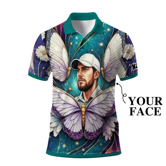 Custom Face Men’s Golf Polo Shirt – Spring Butterfly Mirage Art Personalized Gift for Him