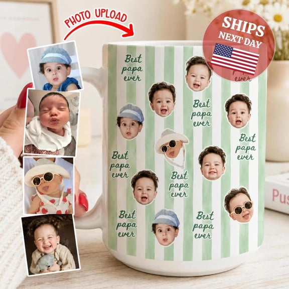 Custom Face Mug For Dad, Personalized Multiple Photo Striped Coffee Cup, Best Papa Ever Fathers Day 2026 Gift From Kids, Grandkids Present, Bekilab Ceramic Coffee Mug, 11oz 15oz Gift