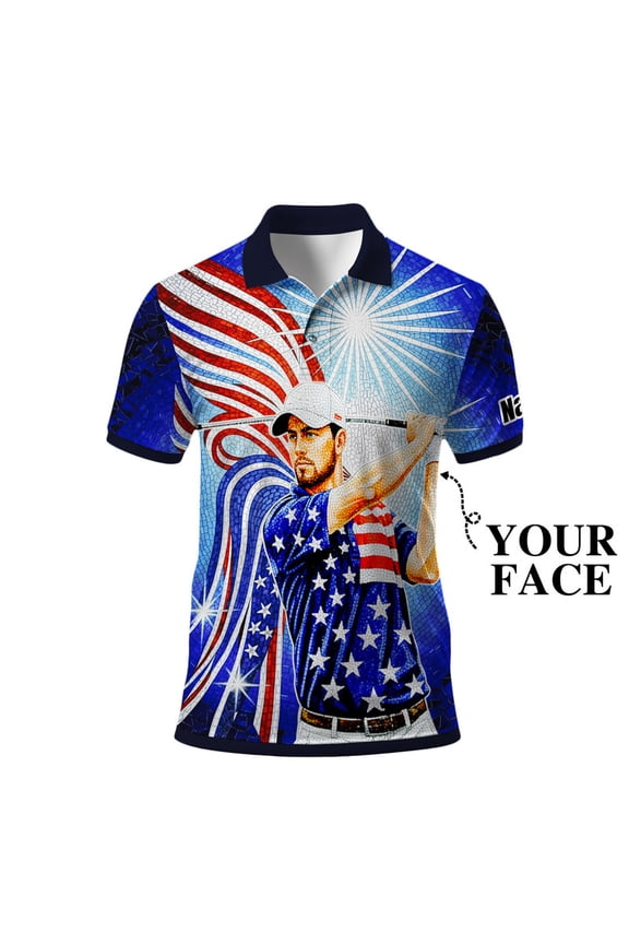 Custom Face Patriotic Golf Polo Shirt – Personalized USA Flag Design – American Pride Gift for Him – Mosaic Art Golf Shirt