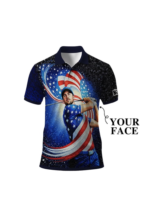 Custom Face Patriotic Golf Polo Shirt – Personalized USA Flag Design – American Pride Gift for Him – Mosaic Art Golf Shirt