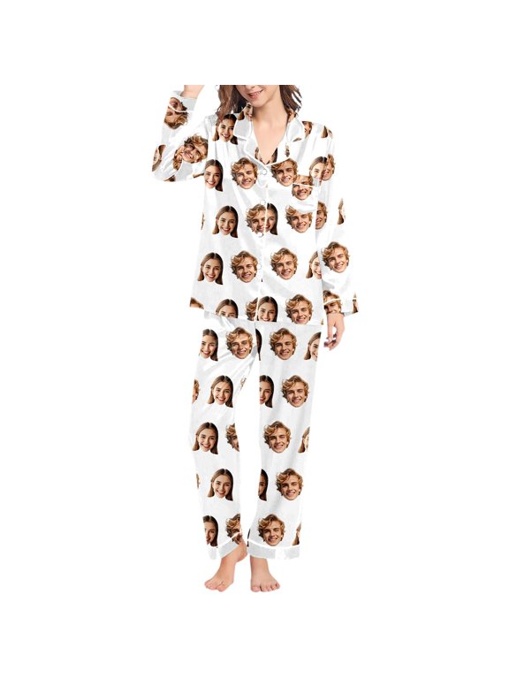 Custom Face Photo Pajama Set for Women, Long Sleeve V-Neck Button Front Sleepwear Loungewear, Valentine's Day Gift, S-XXL