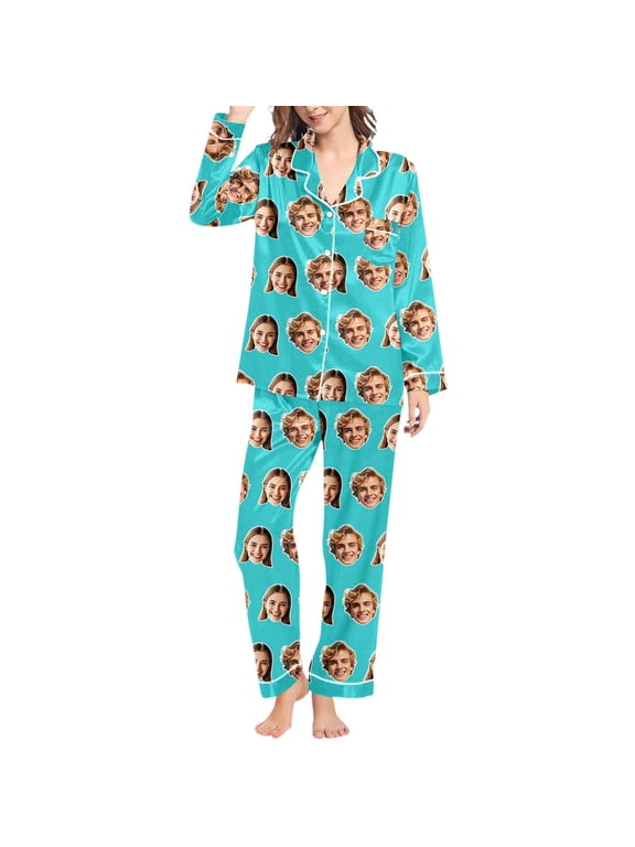 Custom Face Photo Pajama Set for Women, Long Sleeve V-Neck Button Front Sleepwear Loungewear, Valentine's Day Gift, S-XXL