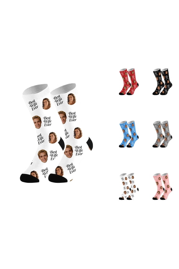 [Custom Face Socks with Picture], Valentine's Day Pattern Stockings for Couples with Personalized Boyfriend Girlfriend Photo, Novelty Comfortable Stretchable Hosiery for Gifting