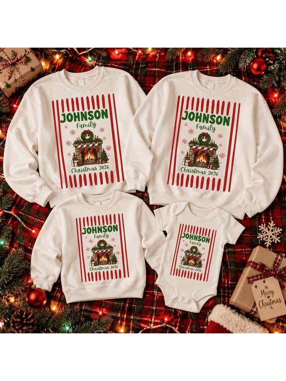 Custom Family Christmas Crewneck Sweatshirt, Personalized Holiday Fireplace Graphic Pullover Sweatshirt