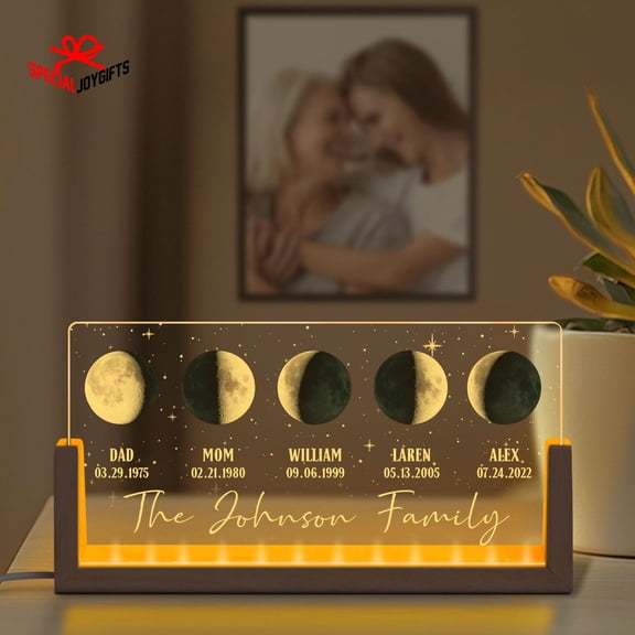 Custom Family Moon Phase Acrylic Table Light Personalized Lunar Date Wood Base Unique Housewarming Gift For New Homeowners