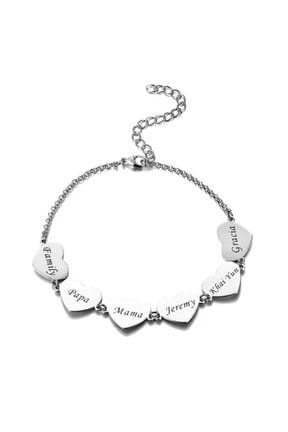 Custom Family Name Bracelet Heart Pendent Bangle Engraved 1-6 Names Dad Mom Gift