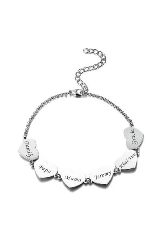 Custom Family Name Bracelet Heart Pendent Bangle Engraved 1-6 Names Dad Mom Gift