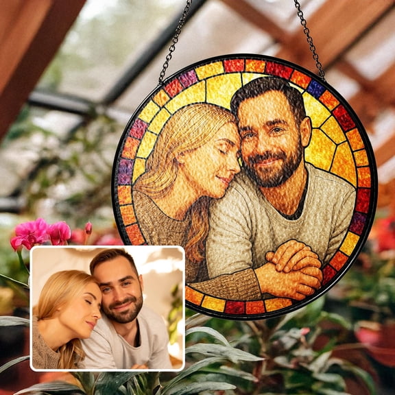 Custom Family Photo Portrait Stained Glass Suncatcher Personalized Couple Valentine Gift