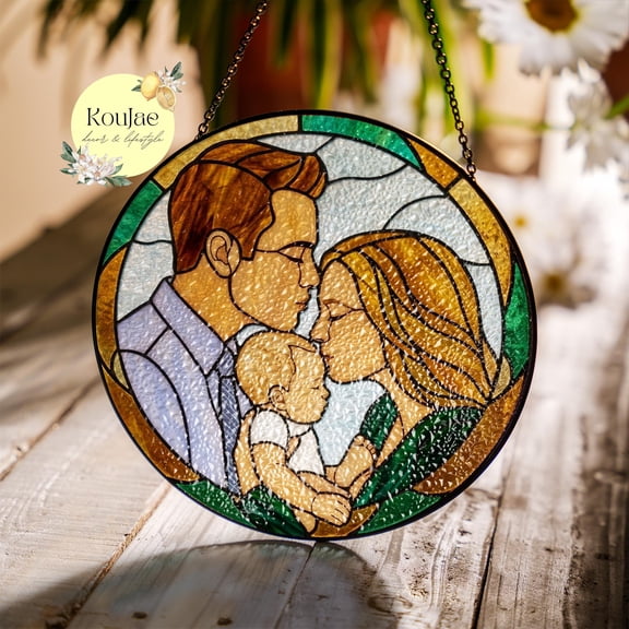 Custom Family Portrait Stained Glass Panel - Personalized Art Display | Photo Design Portrait | Unique Keepsake Gift | Family Mom New Baby Anniversary | Window Wall Hanging Decor