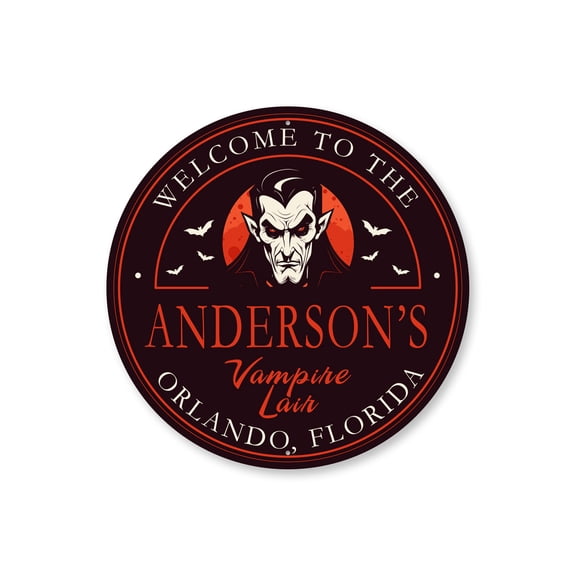 Custom Family Welcome To Vampire Lair Halloween Aluminum Metal Decor Sign - 12" Round