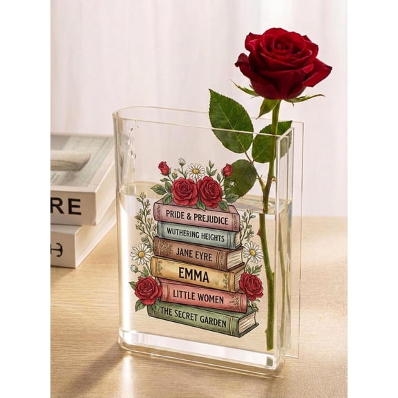 Custom Favorite Books Acrylic Book Vase, Clear Book Shaped Flower Vase, Personalized Reader Gift