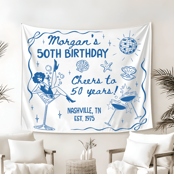 Custom Fifty Birthday Tapestry, 30th, 40th, 50th Birthday Banner, Beach Coastal Birthday Party Favors, Coastal Birthday Backdrop