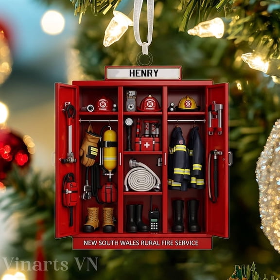 Custom Firefighter Gear Locker Ornament – Name Fireman Uniform Christmas 2D Acrylic Ornament, Gift for Dad, Firefighter Keepsake