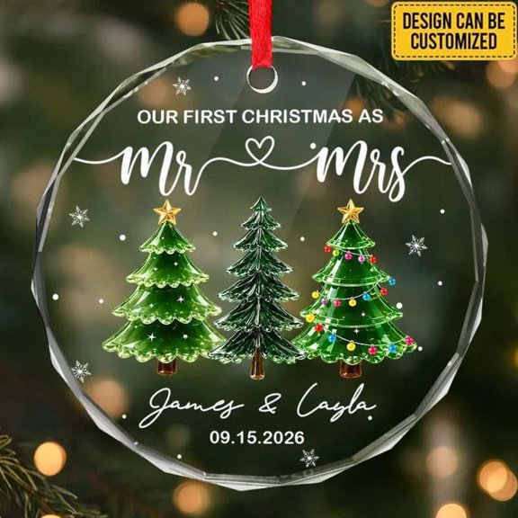 Custom First Married Holiday Ornament, Personalized Couple Names and Year, Wedding Memento, Christmas Tree Ornament and Anniversary Gift for Newlyweds