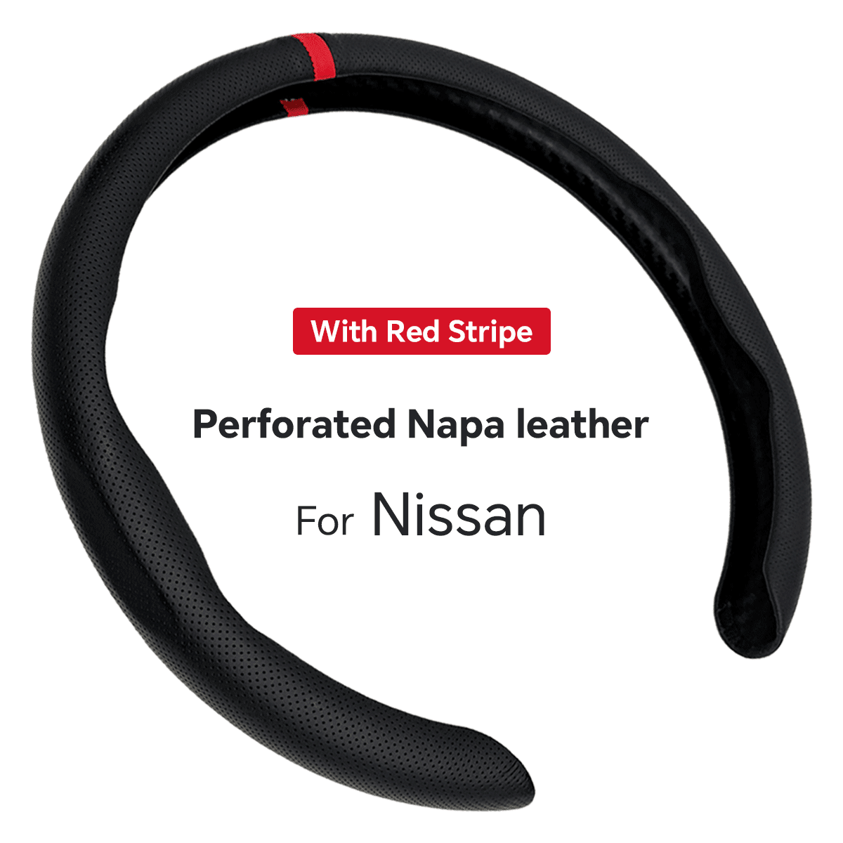 Custom-Fit for Nissan Pathfinder Steering Wheel Cover, Premium Perforated Nappa Leather Steering Wheel Cover with Red Circular Stripe Trim, Non-Slip, Breathable, for Nissan Accessories