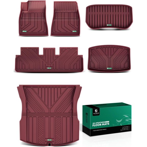 Custom Fit Red Floor Mats for 2024 2025 Tesla Model 3 Highland, All Weather TPE Car Mats Carpet, Front Rear Trunk Cargo Liner, Rear Storage Liner Mats, Anti-Slip Waterproof Orderless, Set of 6