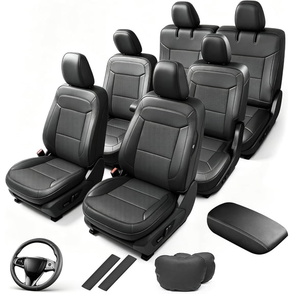 Custom Fit Seat Covers for 2020-2025 Ford Explorer 6 Seats, Fits XLT, Limited, Timberline, ST-LINE,Black Faux Leather 5-Piece Set, Includes Armrest, Seat Belt, Steering Wheel Cover & Headrests