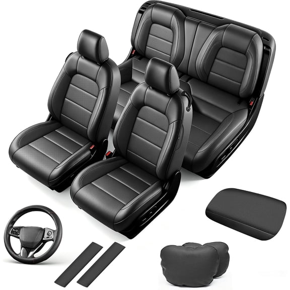 Custom Fit Seat Covers for Ford Mustang Coupe 2015-2026, 5-Pieces Set with Armrest Cover, Seatbelt Cover, Steering Wheel Cover & Headrests