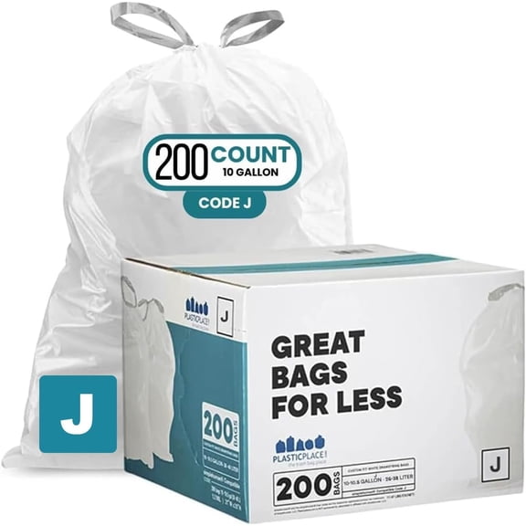 Custom Fit Trash Bags Compatible with Code J - 10-10.5 Gallon Drawstring Garbage Bags, Tear-Resistant, 200 Count White Trash Can Liners for Kitchens, Bathrooms & Offices