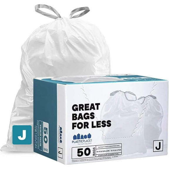 Custom Fit Trash Bags Compatible with Code J 50 Count White Drawstring Garbage Liners 10-10.5 Gallon 21"x28" Tear-Resistant LLDPE Bags for Kitchen Bathroom & Office