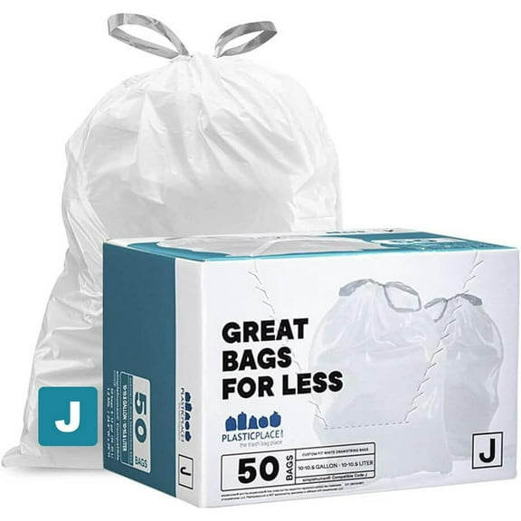 Custom Fit Trash Bags Compatible with Code J 50 Count White Drawstring Garbage Liners 10-10.5 Gallon 21"x28" Tear-Resistant LLDPE Bags for Kitchen Bathroom & Office