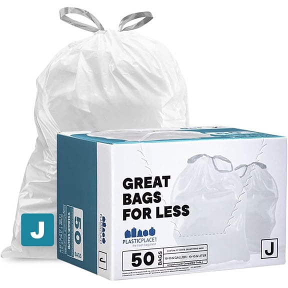Custom Fit Trash Bags Compatible with Code J 50 Count White Drawstring Garbage Liners 10-10.5 Gallon 21"x28" Tear-Resistant LLDPE for Kitchen Bathroom & Office