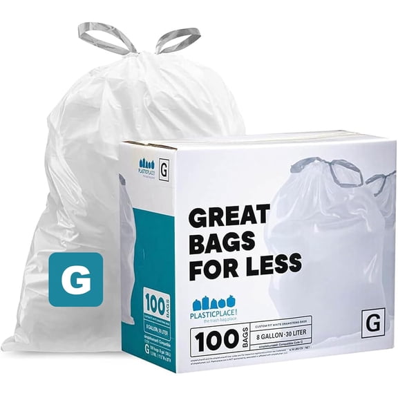 Custom Fit Trash Bags, Compatible with Code G (100 Count) White Drawstring Garbage Liners 8 Gallon / 30 Liters, 17.5" x 28"