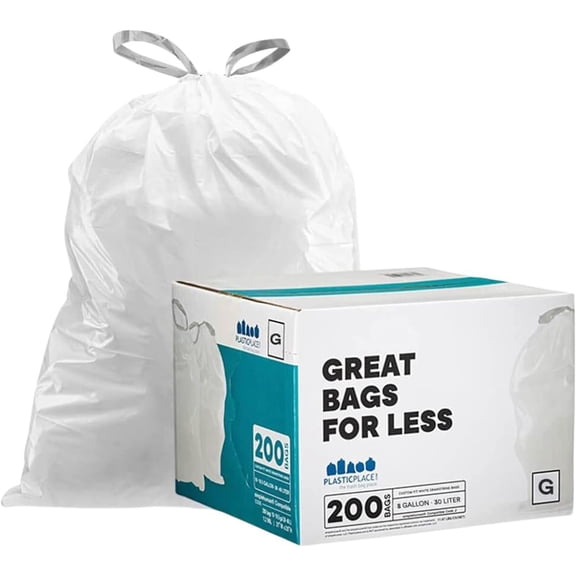 Custom Fit Trash Bags, Compatible with Code G (200 Count) White Drawstring Garbage Liners 8 Gallon / 30 Liters, 17.5" x 28"