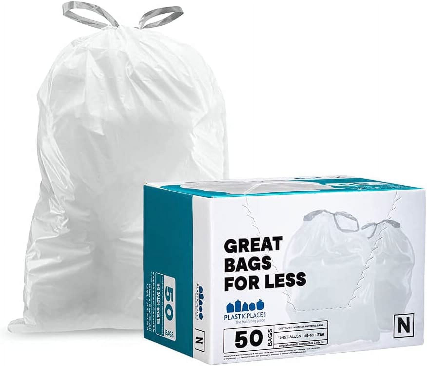 Custom Fit Trash Bags, Compatible with Code N (50 Count) White Drawstring Garbage Liners 12-13 Gallon / 45-50 Liters, 22.5" x 31.5"
