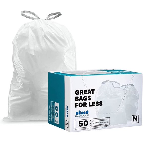 Custom Fit Trash Bags, Compatible with Code N (50 Count) White Drawstring Garbage Liners 12-13 Gallon / 45-50 Liters, 22.5" x 31.5"