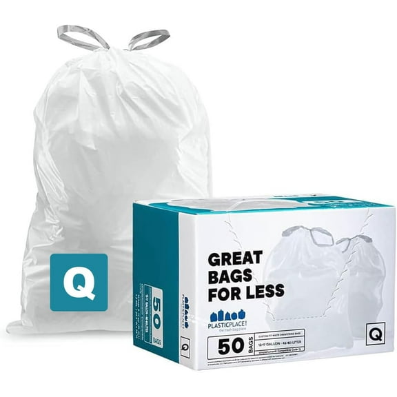 Custom Fit Trash Bags, Compatible with Code Q (50 Count), 13-17 Gallon Drawstring Garbage Liners, Heavy Duty Tear-Resistant