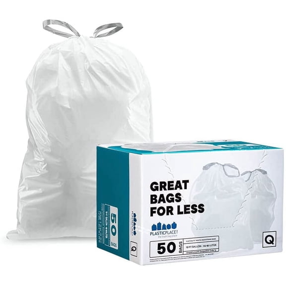 Custom Fit Trash Bags, Compatible with Code Q (50 Count), 13-17 Gallon Drawstring Garbage Liners, Heavy Duty Tear-Resistant