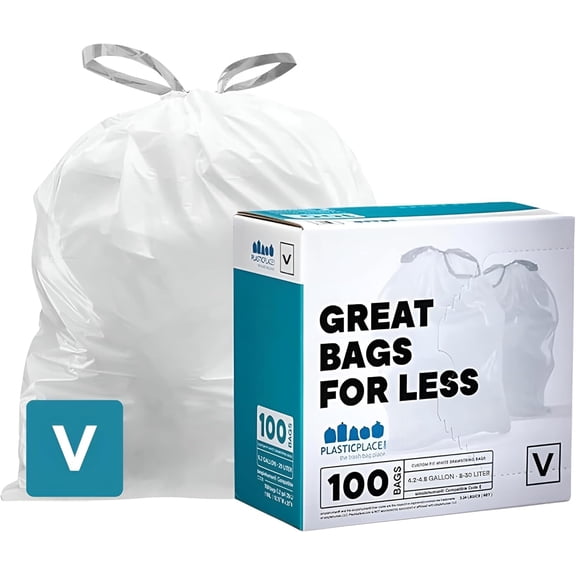 Custom Fit Trash Bags, Compatible with simplehuman Code V (100 Count) White Drawstring Garbage Liners 4.2-4.8 Gallon/ 16-18 Liter, 14.5" x 27.5"