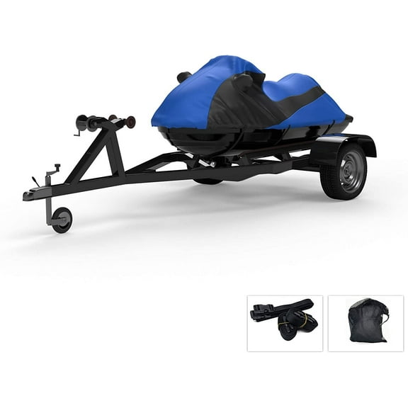 Custom Fit Weatherproof Jet Ski Covers Full for Kawasaki SS 750 / SS-XI/SS/SXI/SS-Xi Sport 1993-1997 - Blue/Black - Trailerable - All Weather - Rain & Sun - Free Trailer Straps & Bag
