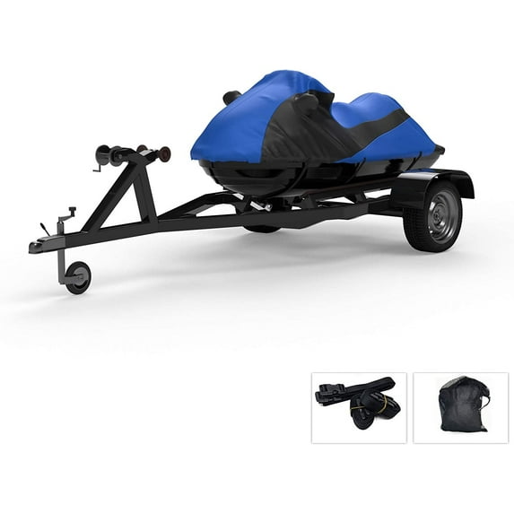 Custom Fit Weatherproof Jet Ski Covers Full for Sea Doo GTX 4 TEC/GTX 4 TEC Supercharged 2006-2009 - Blue/Black - Trailerable - Protect from All Weather - Rain & Sun - Free Trailer Straps & Bag