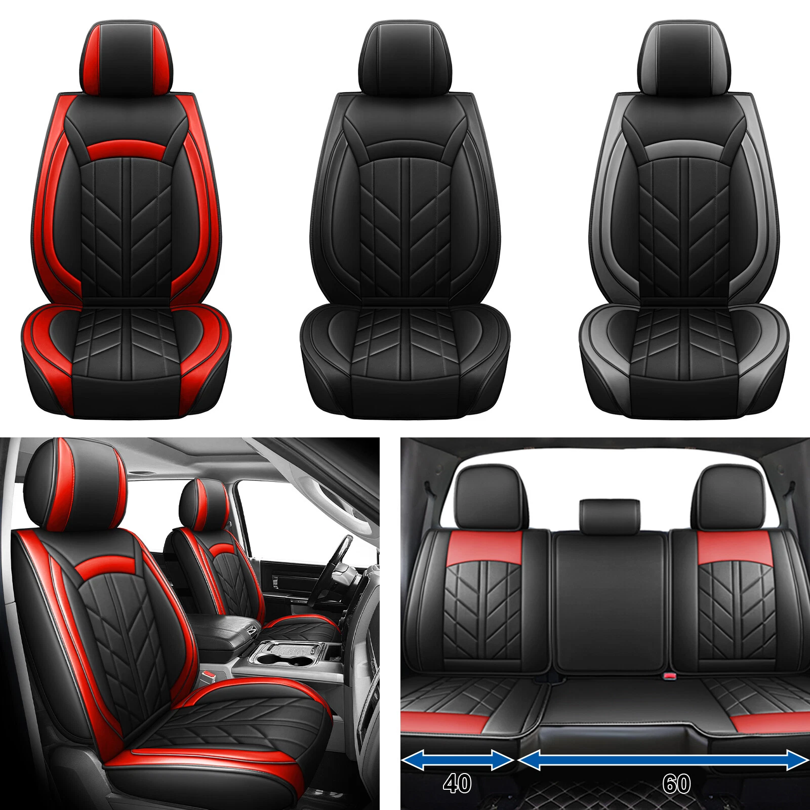 Custom Fit for Dodge Ram 1500 2500 3500 2009-2023 Car Seat Covers, Luxury Faux Leather Front Rear Seat Pickup Cushion Protector Black Red