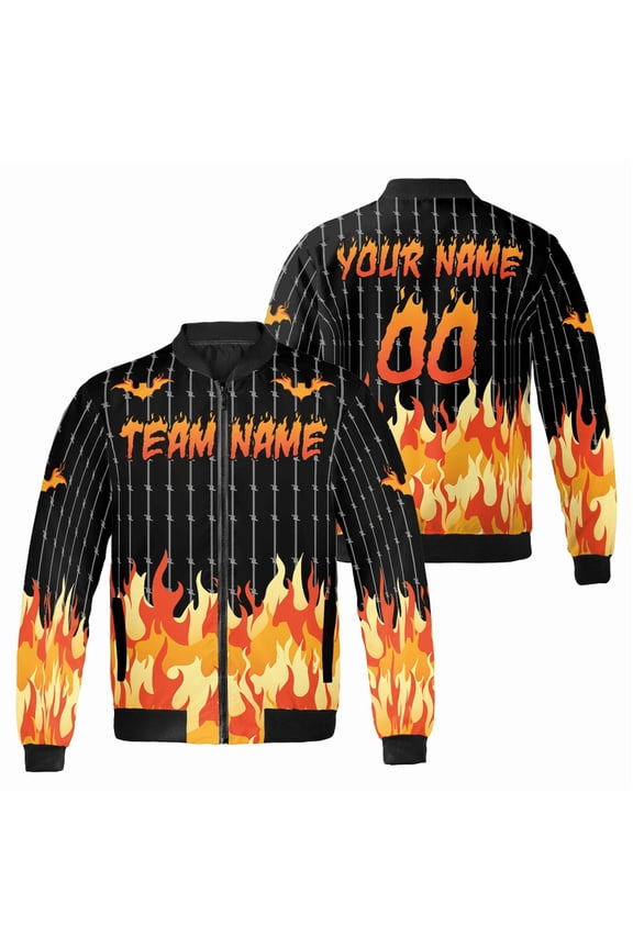 Custom Flame Bomber Jacket - Personalized Team Name & Number, Halloween Bats Design, Streetwear for Men & Women