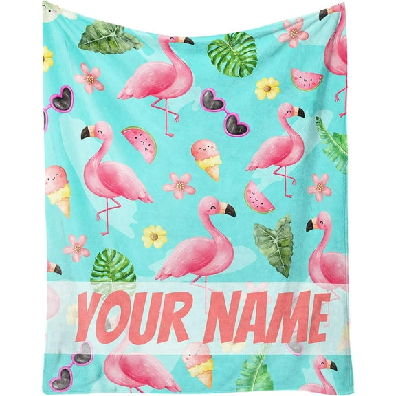 Custom Flamingo Blankets Gifts with Name - 60 x 80 Inches Cute Throw Blanket for Men & Women - Green Fluffy Comfort Furry Blankets for Bed