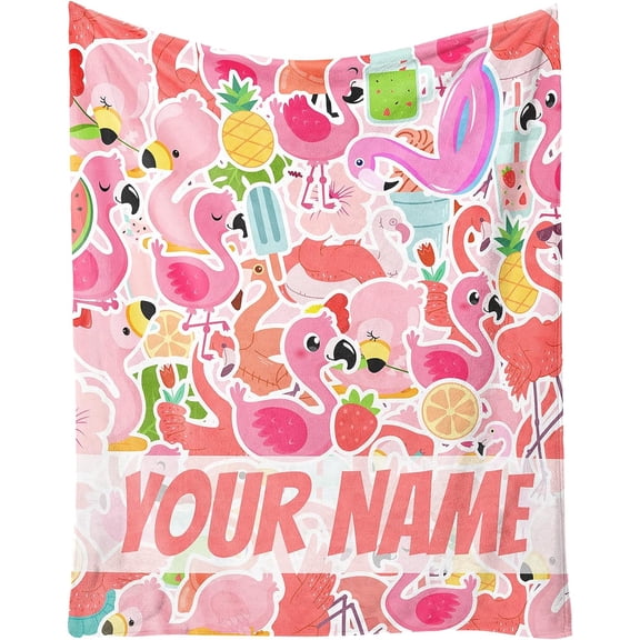 Custom Flamingo Blankets Gifts with Name - 60 x 80 Inches Cute Throw Blanket for Men & Women - Green Fluffy Comfort Furry Blankets for Bed