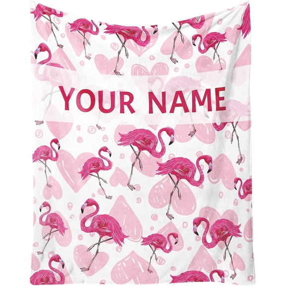 Custom Flamingo Blankets Gifts with Name - 60 x 80 Inches Cute Throw Blanket for Men & Women - Green Fluffy Comfort Furry Blankets for Bed