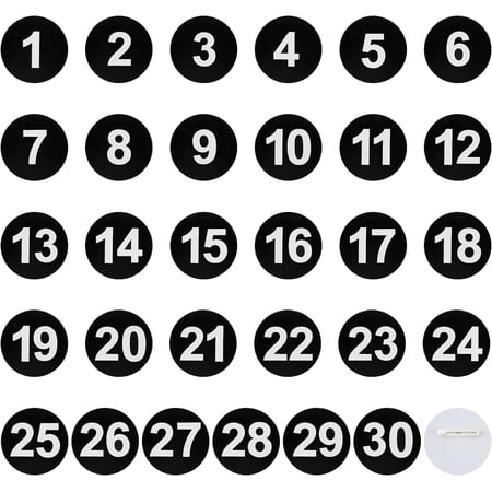 Custom Flat Round with Number ABS Plastic Brooches Set Num. 1~30 Lapel Pins for Backpack Clothes Black 49x6.5mm Pin: 0.7mm 30Pcs/set