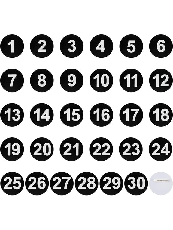 Custom Flat Round with Number ABS Plastic Brooches Set Num. 1~30 Lapel Pins for Backpack Clothes Black 49x6.5mm Pin: 0.7mm 30Pcs/set