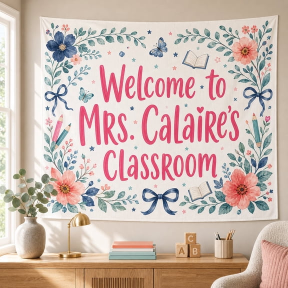 Custom Floral Classroom Tapestry with Teacher Name & Welcome Message