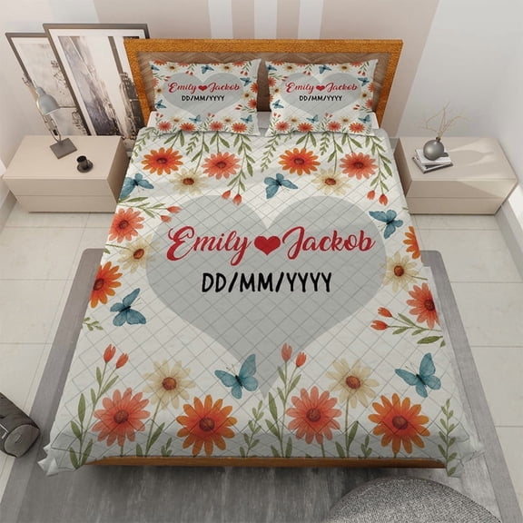 Custom Floral Heart Quilt Bedding Set for Couples - Anniversary, Valentine's Day Quilt Blanket & Pillowcases