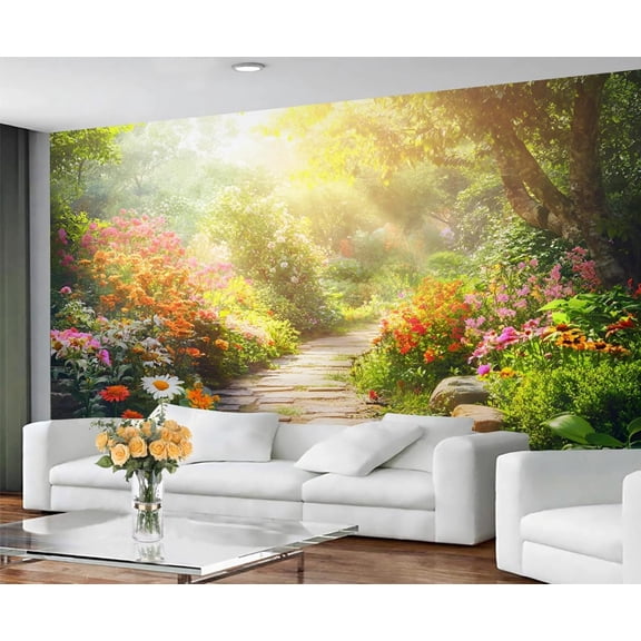 Custom Floral Wall Murals - Stone Path Murals, Flower Design Wall Mural For TV Background, Floral Mural Wallpaper 55"W x 28"H (Not Peel and Stick)