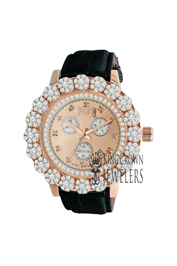 Custom Flower Bezel Mens Rose Gold Tone Watch Khronos Real Diamonds Dial Genuine Leather Band Strap W/Date